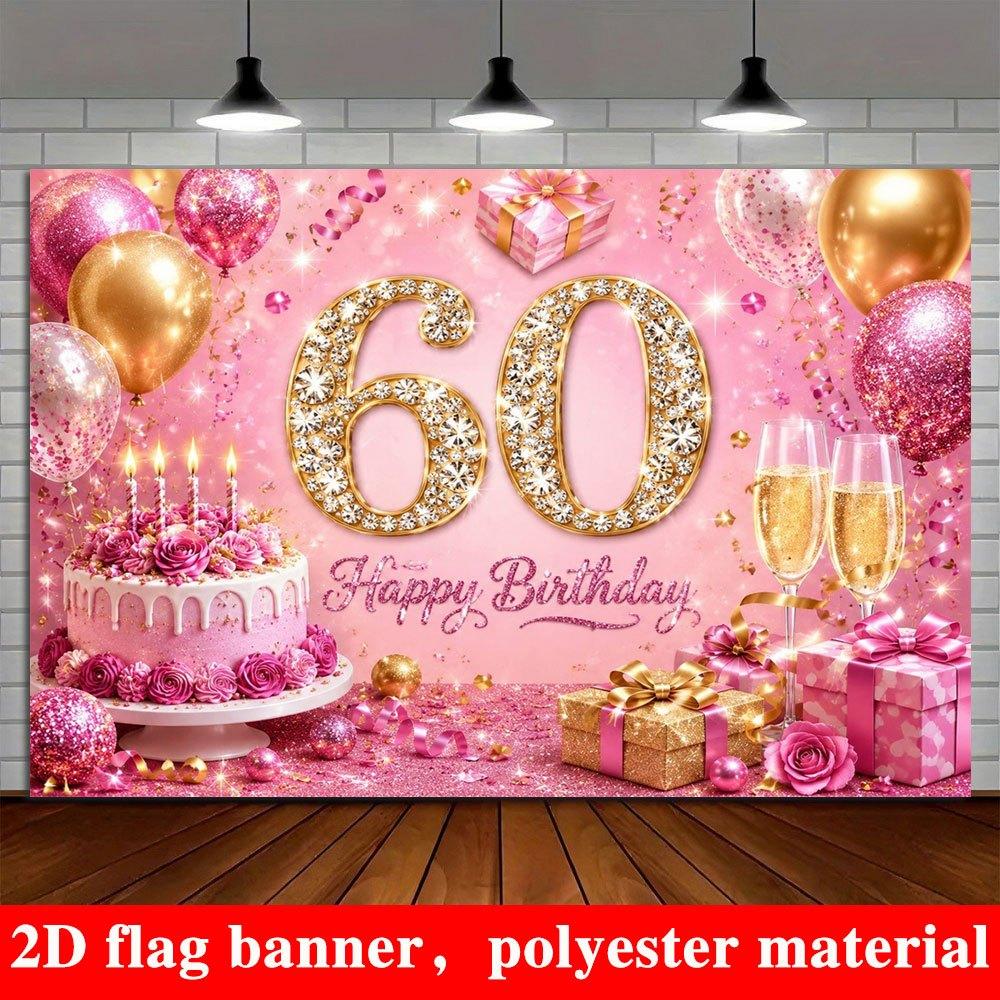 2D Flat Banner, 60th Birthday Backdrop, Sequined Numbers, Pink and Golden Balloons, Cake, Champagne, Gift Box