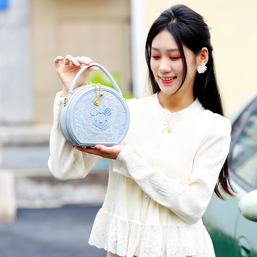 New Disney Mickey Series PU Small Round Bag, One Shoulder Handbag Women's Sky Blue/Milk White BMK-71581L