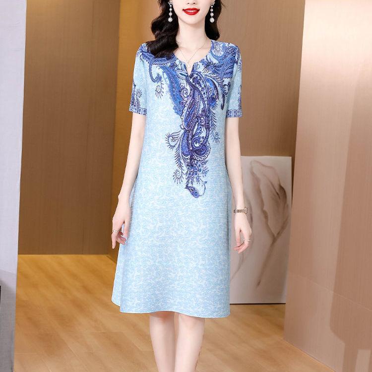 Складное летнее платье женское, новинка 2022 года, высококачественное зарубежное свободное свободное платье с v-образным вырезом и короткими рукавами, повседневное тонкое платье с принтом