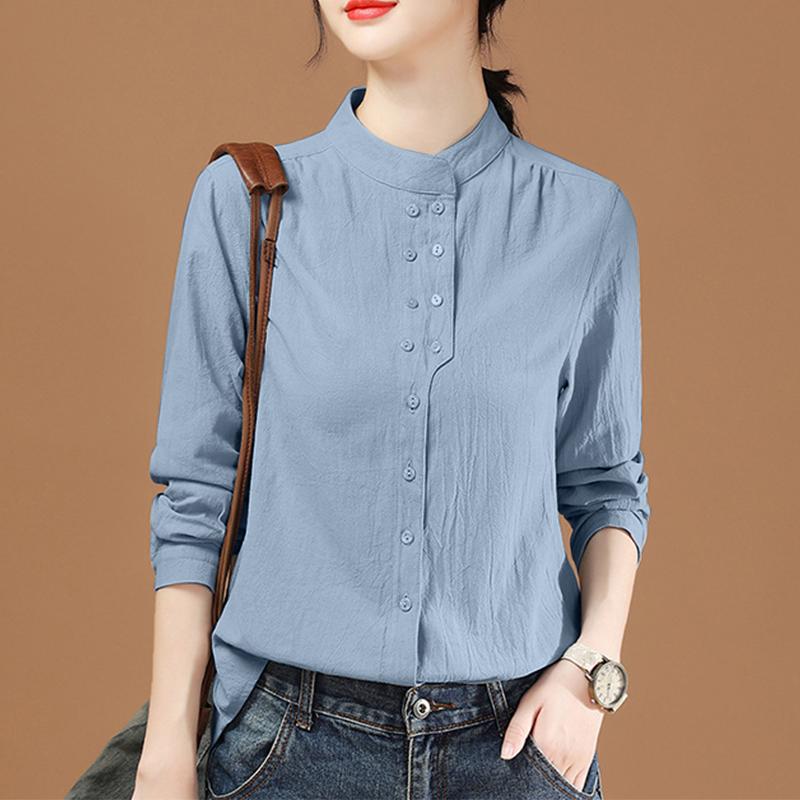 ZANZEA Женская хлопковая блузка в стиле ретро с длинным рукавом и воротником-стойкой