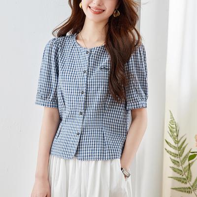Рубашка в клетку с круглым вырезом для женщин, летняя одежда с короткими рукавами, новая корейская повседневная свободная маленькая рубашка