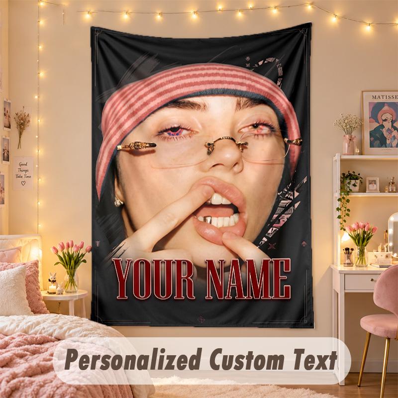 Custom Personalized Tapestry,Billie Eilish Print Custom Name Text Wall Art Hanging for Bedroom