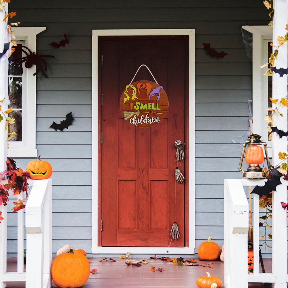 Halloween Witch Film Door Sign Front Door Wooden Hanging Sign for Halloween Home Outdoor Wall Decor