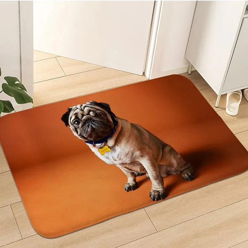 Cute Pug Dog Pattern Welcome Mat Non-Slip Indoor Outdoor Home Decor Carpet Kitchen Floor Rugs Bedroom Bathroom Entrance Doormat