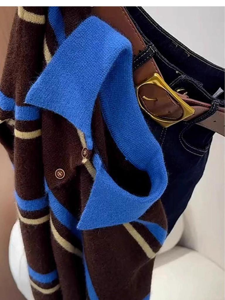 French Retro Polo Collar Color Block Stripe Knit Sweater - Soft, Chewy, and Stylish for Women in Autumn
