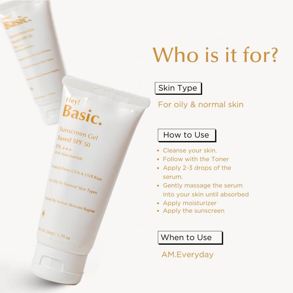 Гель-солнцезащита Hey Basic SPF 50 PA++ с ниацинамидом - Широкий спектр защиты от УФ-А и УФ-В лучей - Гелевая солнцезащита для жирной и нормальной кожи,