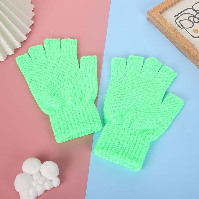 Students Winter Finger Knitted Gloves Outdoor Cycling Games Half Finger Gloves Color Matching Warm Wool Gloves