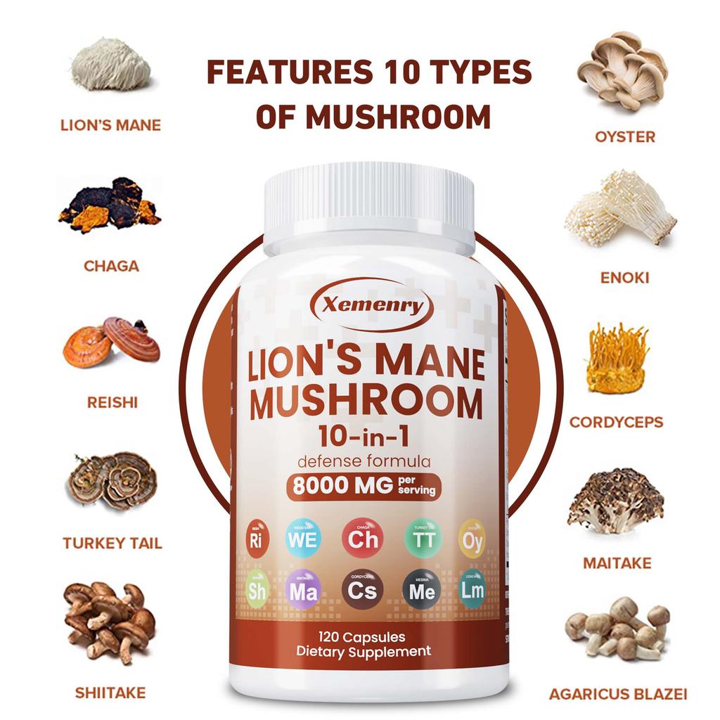 Lion's Mane Mushroom Capsules - Brain Memory Focus Immune Support Supplement