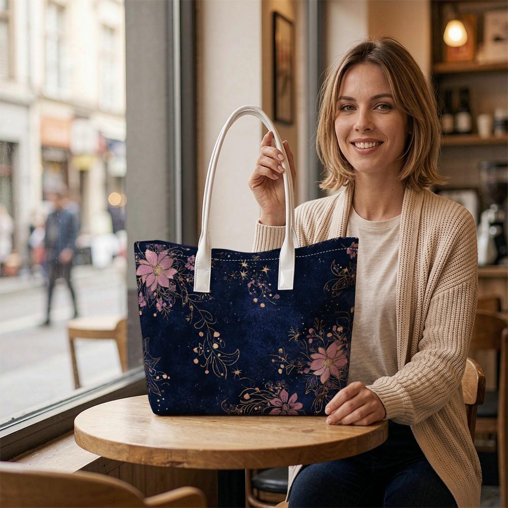 Elegant Floral Star Pattern Tote Bag Fashion Casual Large Capacity Daily Portable Shoulder Handbag