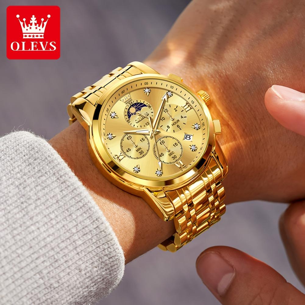 OLEVS 3655 Quartz Men Watch Multifunctional Timekeeping 24-hour Moon Phase Calendar Small Window 30m Waterproof Luminous Watch