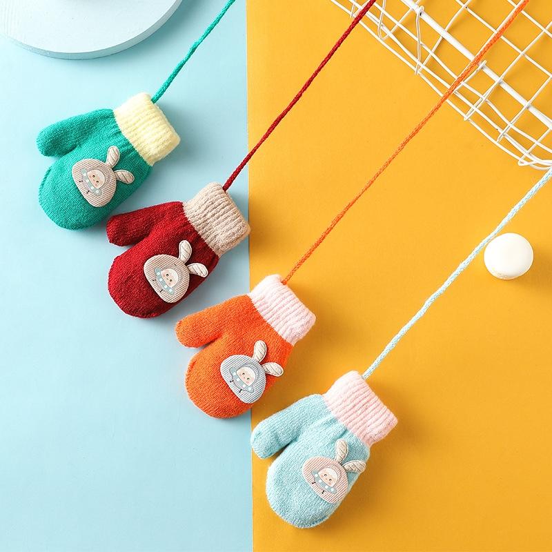 Cute Cartoon Children Gloves Thicken Kids Plush Fingerless Gloves 0-3year Toddler Hanging Neck Mittens Baby Winter Hand Warmer