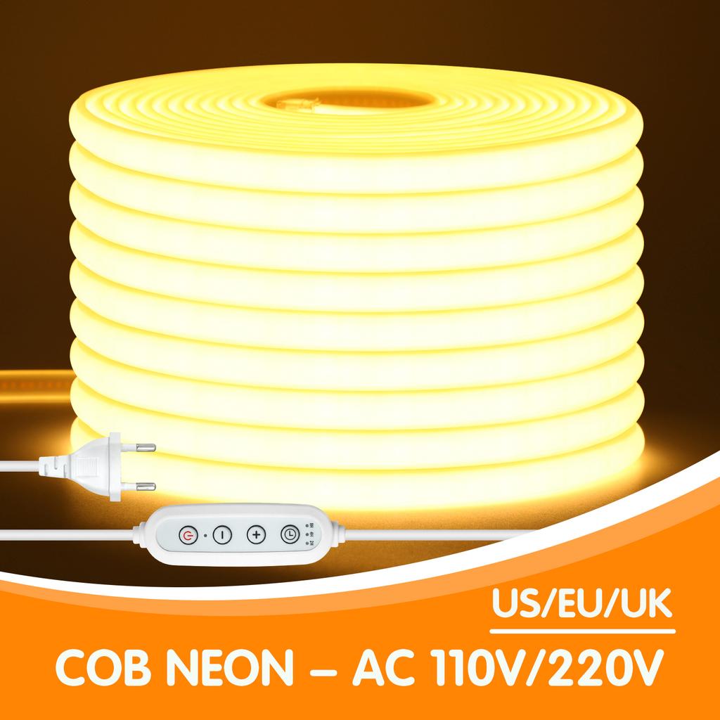 AC 220V/110V Timing Dimmable COB Neon Strip EU/UK/US Kit 288LEDS/M Waterproof 3000K/4000K/6000K Flexible Light for Home Decor