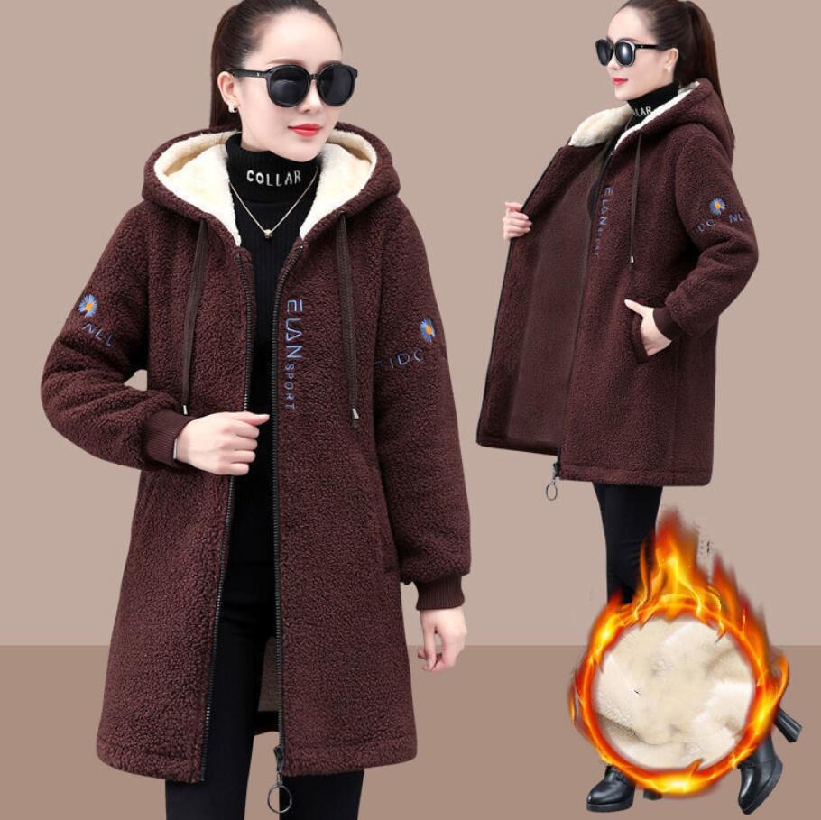 Women Patchwork Teddy Bear Coat, Ladies Casual Hooded, Long Sleeve Fleece Jacket, Loose, Warm, Thicken Jacket