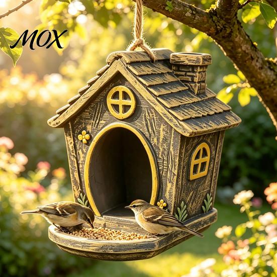 Wild Bird Gift for Gardeners House Shape Hanging Feeder Outdoor Garden Decor, Weatherproof Resin Decorative Station with Large Capacity Tray
