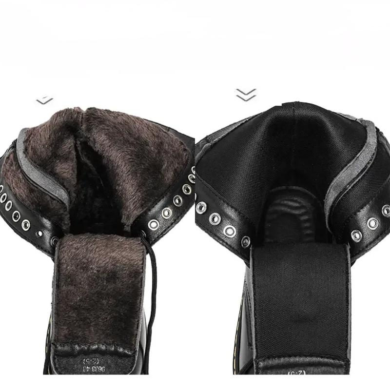 Fashion High Top Side Zipper High Ankle Boots Men Casual Footwear 14 Holes Punk Leather Fur Warm Stylish Men Motorcycle Boot Big Size 48