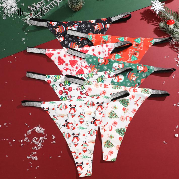 Christmas Underwear FINETOO Ice Silk Panties for Women Seamless G-string Christmas Festival Underwear XS-XL