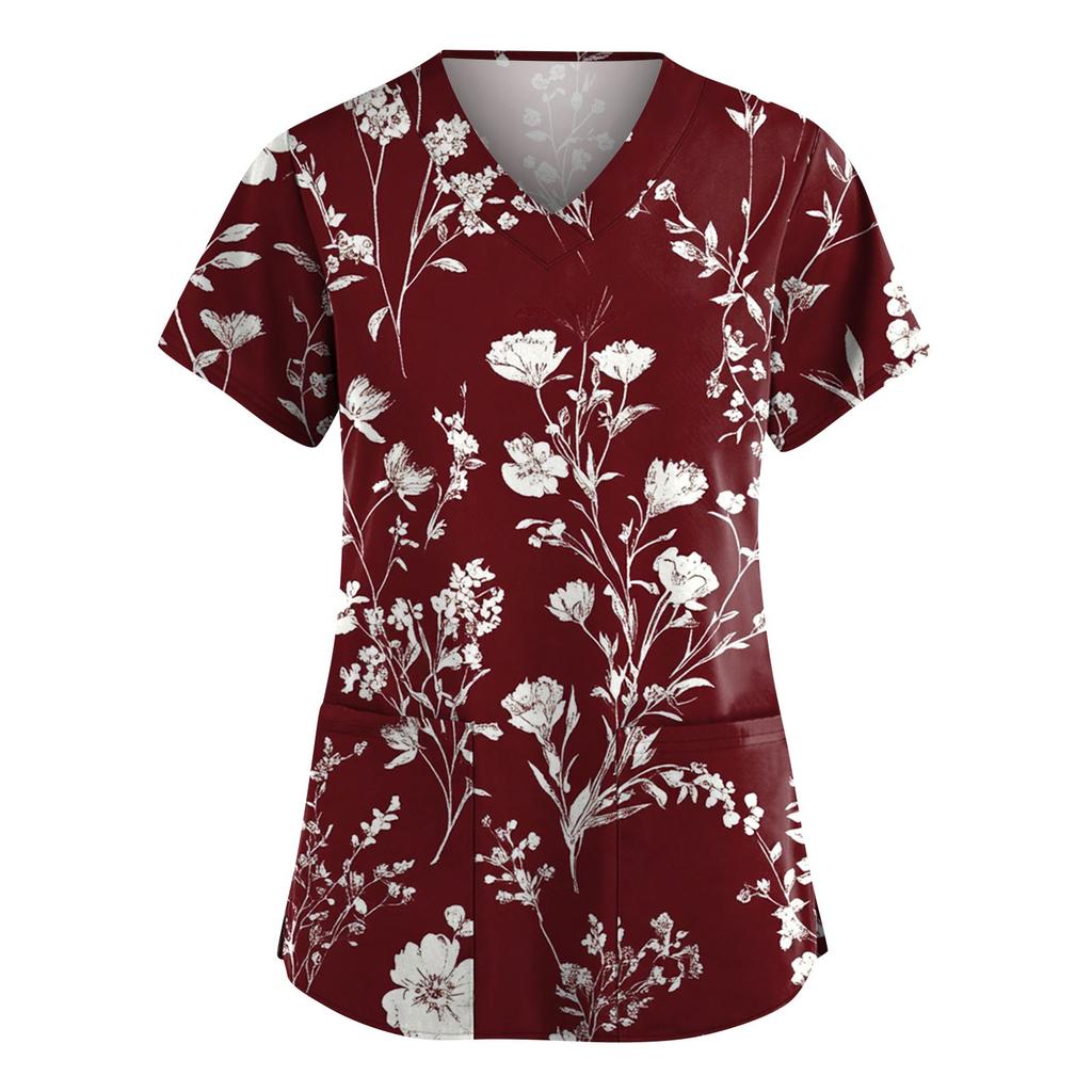 Women's Fashion Short Sleeve Fashion Vintage Floral Print V-Neck Pocket Workwear Tops