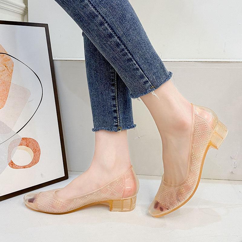 Женские прозрачные сандалии с кристаллами, летние модные туфли на блочном каблуке с нескользящим носком, ажурные прозрачные туфли на высоком каблуке