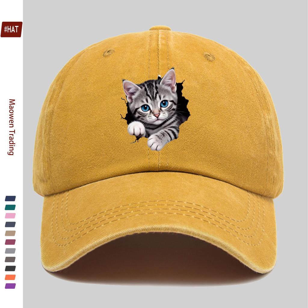 pc Cute Gray Tabby Kitten Peeking Through Hole BlueEyed Print Baseball Cap with Pet Cat Print Trucker Hat Comfortable Lightw