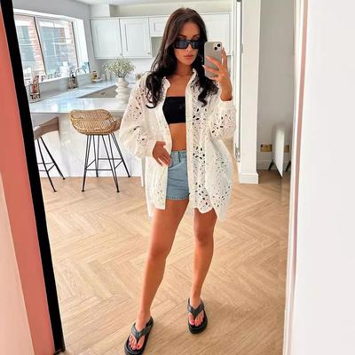 Женская летняя новая верхняя рубашка в стиле Ins, повседневная, с ажурным дизайном, с длинным рукавом, кружевная женская