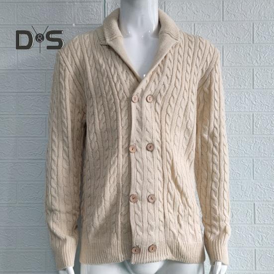 Осень-зима мужской свитер двубортный с пуговицами и лацканами, длинные рукава, скрученная фактура, однотонное толстое эластичное трикотажное пальто