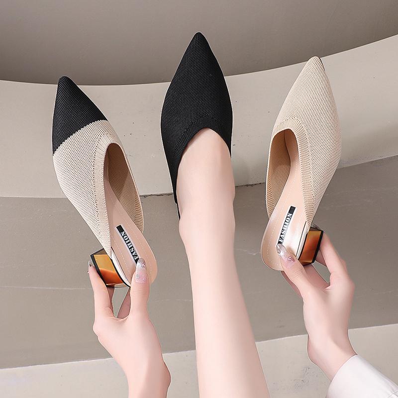 Летние Осенние Популярные Женские Модные Остроносые Вязаные Эластичные Ретро Обертывающие Голову Полуботинки Универсальные На Толстом Каблуке Крутые Шлепанцы