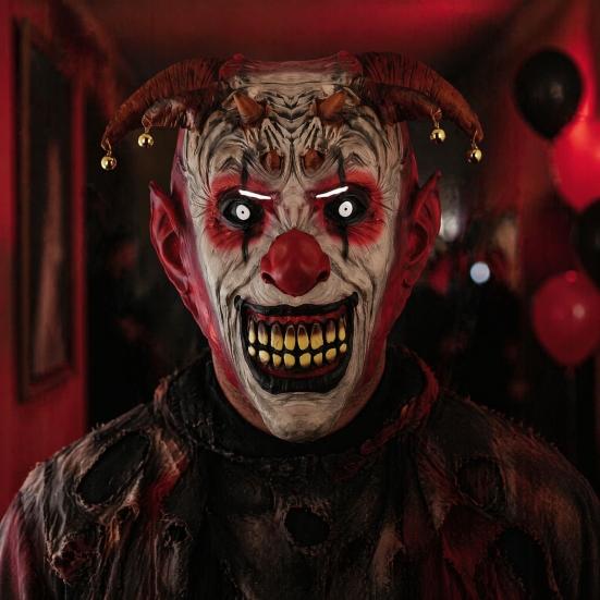 Realistic Halloween Mask Scary Devil Horns Mask, with Bell Decor, Breathable Comfortable Transparent Vision Latex Headgear, for Adult Cosplay