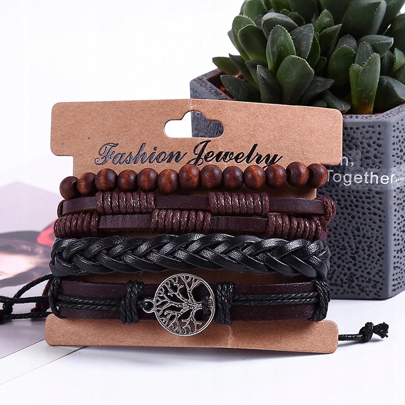 Men's Leather Bracelet, Eco Leather Set, Set Of 4, Tree Of Life, Vintage