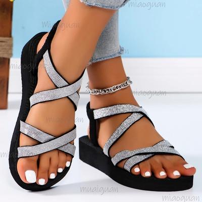 Мода Размер41 Женская Мода Нескользящие Удобные Сандалии на Мягкой Подошве Кристальный Декор Черный Ремешок на Щиколотке Сандалии Балетки для Женщин