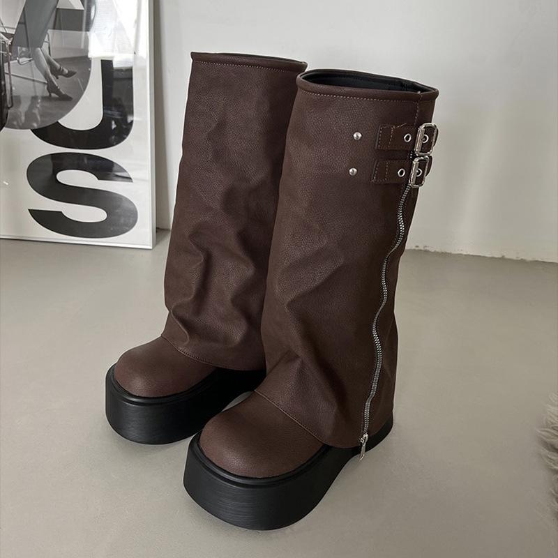 2024 зимние женские байкерские ботинки, модные женские ботинки на платформе с пряжкой на ремне, длинные ботинки-трубы, повседневные женские ботинки до колена на молнии, теплые ботинки