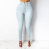 Women Solid Color Skinny Fit Washed Jeans High Waist Zipper Button Fly Pockets Denim Pencil Trousers Streetwear