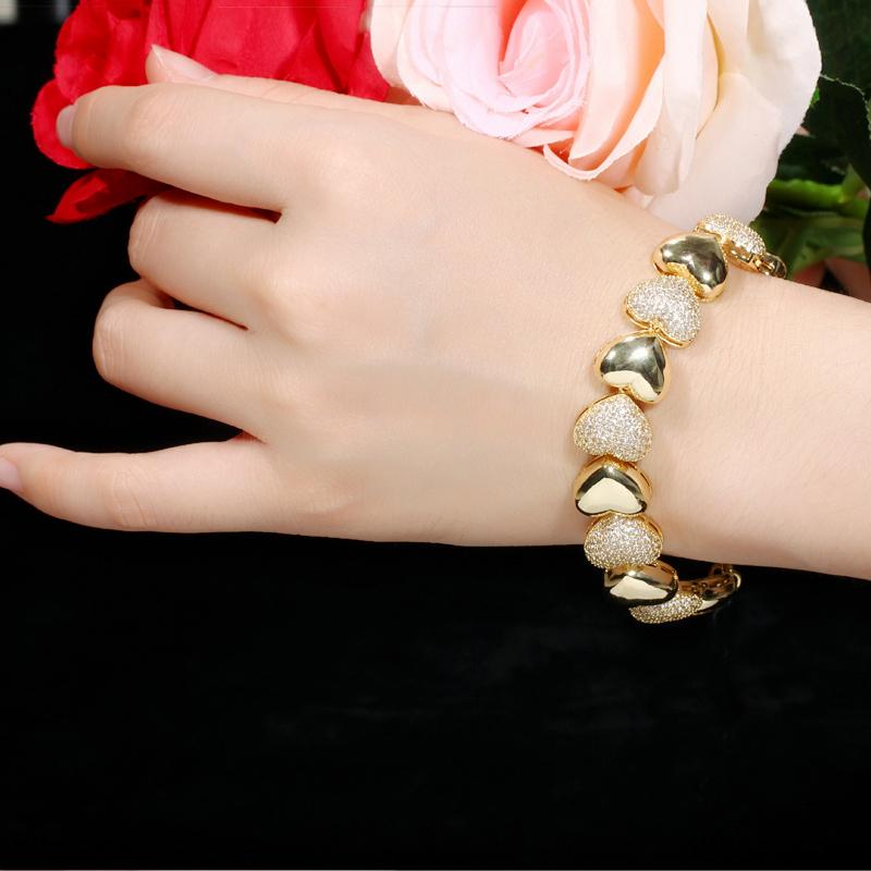 WWJ Роскошные 585 желтого золотого цвета в форме сердца с цирконием, регулируемые браслеты-цепочки