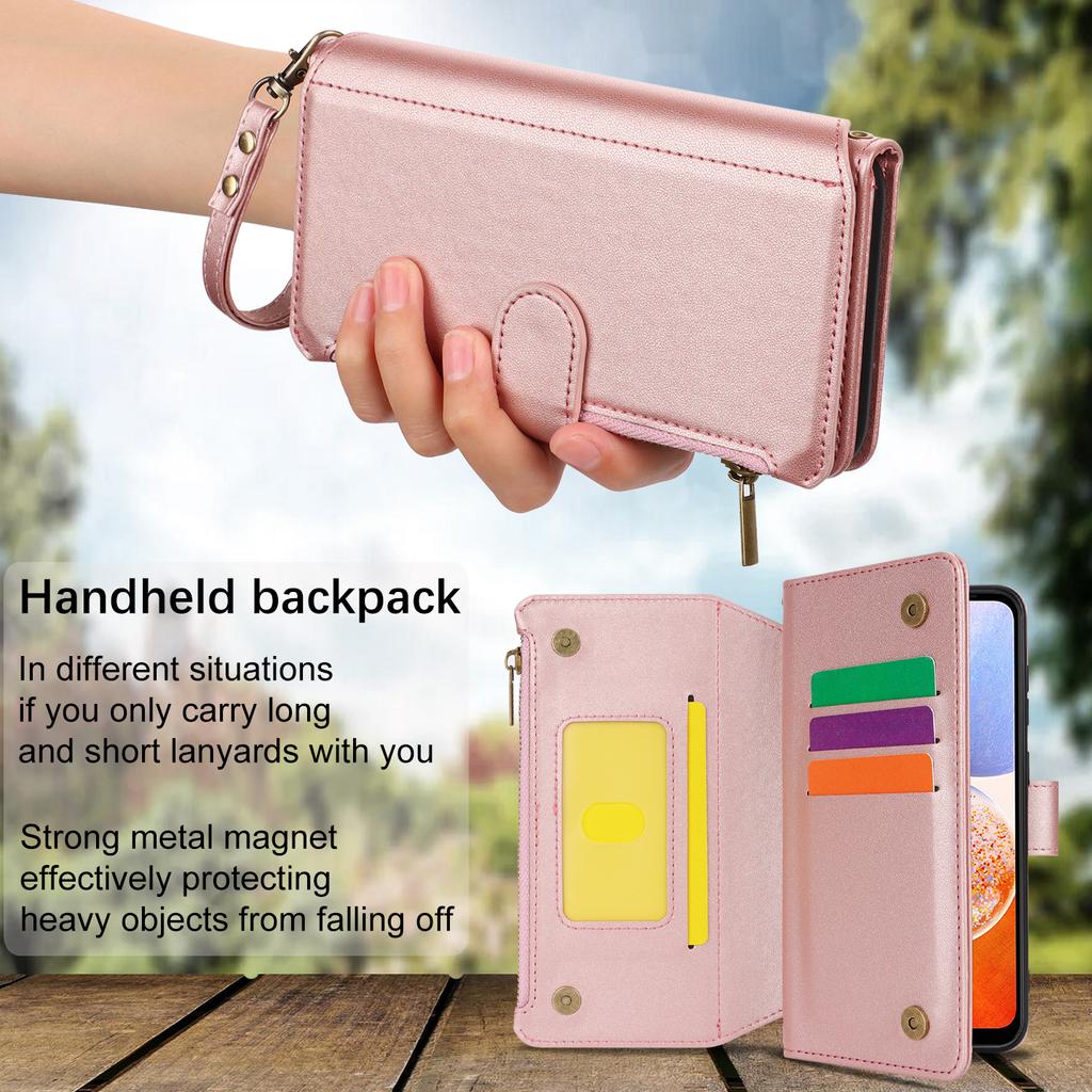Multi Card Zippered Wallet with Short Hand Rope and Long Hanging Rope Phone Cover Case for iPhone Series/Samsung Series