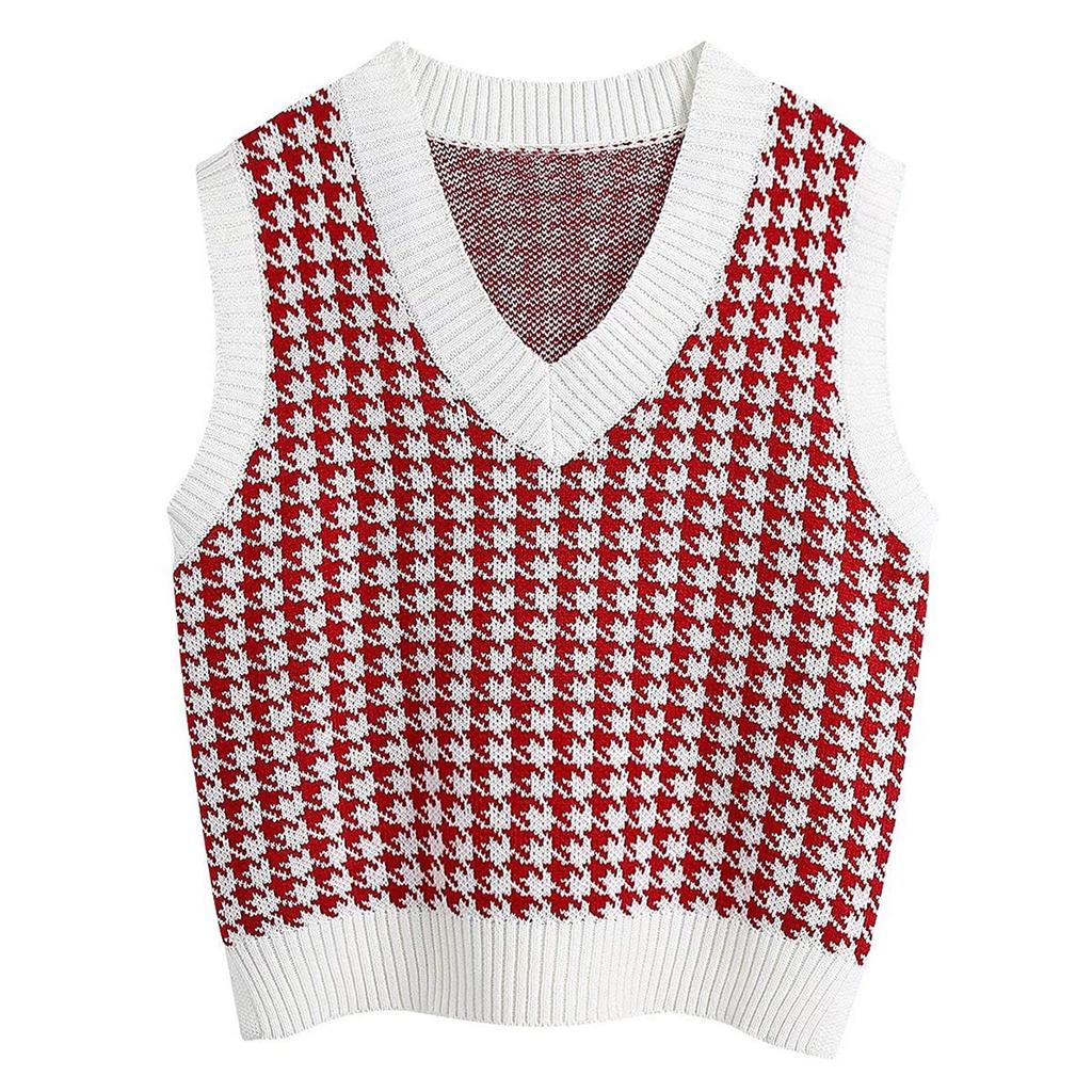 Women's Casual V-Neck Pullover Shirt Collision Color Sleeveless Sweater Vest