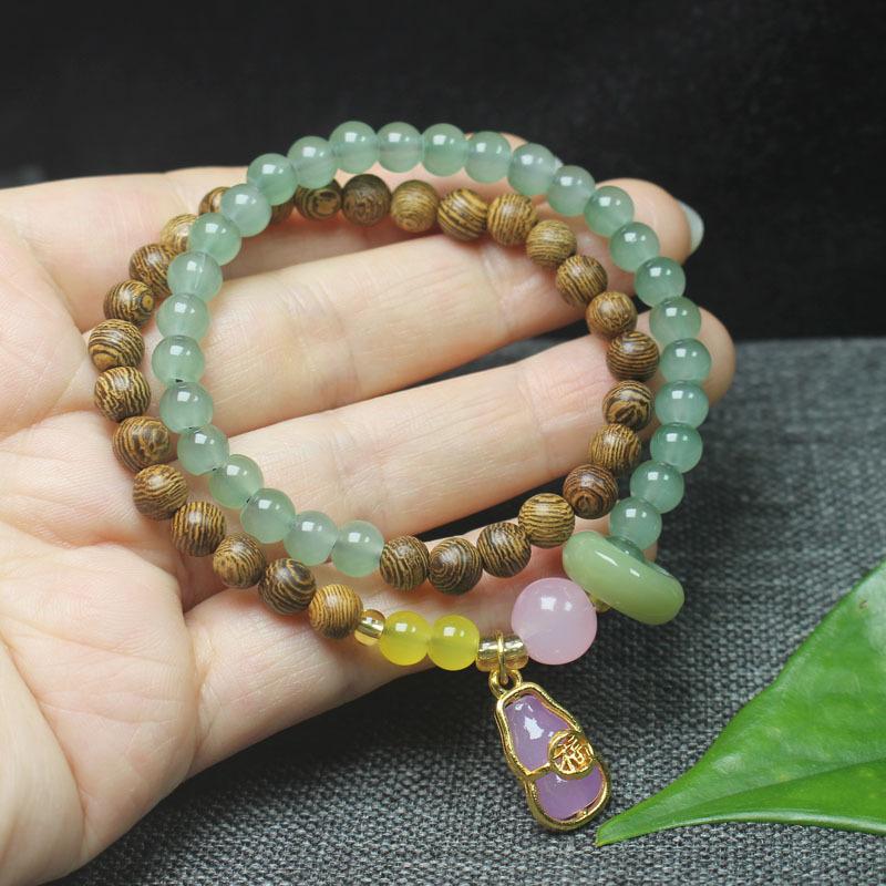 Women Wooden Bead Bracelet 6mm Double Layer Chicken Wing Wood Gourd Charm Hand Ornament