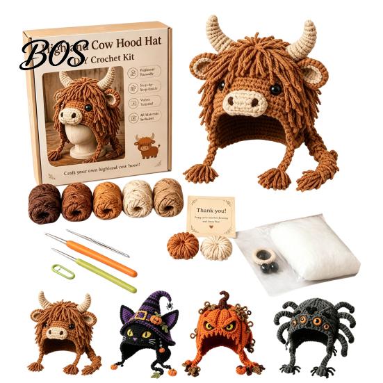 Parent Child Art Project Highland Cow Hat Crochet Kit, Halloween Pumpkin Spider Hood DIY Kit Handmade Craft for Adults Teens Theme