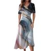 Ladies Casual Fashion Gradient Print V-Neck Short Sleeve Waist Long Swing Dress