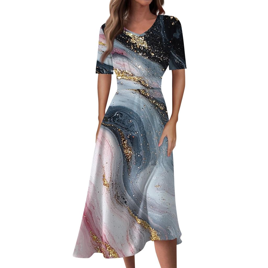 Ladies Casual Fashion Gradient Print V-Neck Short Sleeve Waist Long Swing Dress