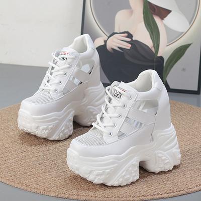 Мода 13СМ Воздушная сетка Синтетическая микрофибра Кожа Блестящие Вулканизированные Полые Летние Массивные Кроссовки Платформа Танкетка Балетки Женская Обувь