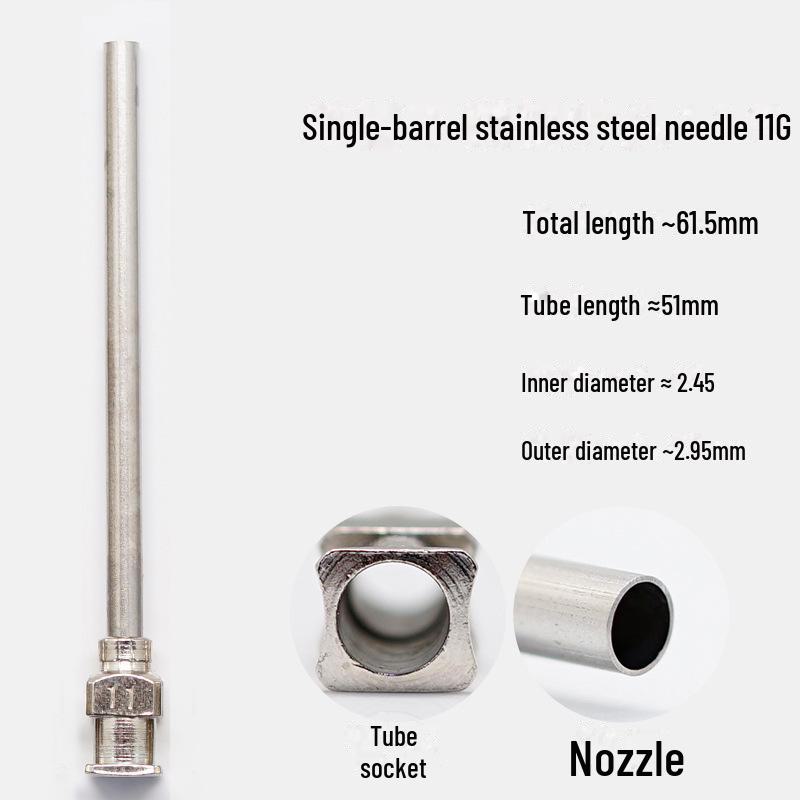 Дозирующая игла из нержавеющей стали с плоским кончиком, общая длина 61,5 мм, длина трубки 50 мм.
