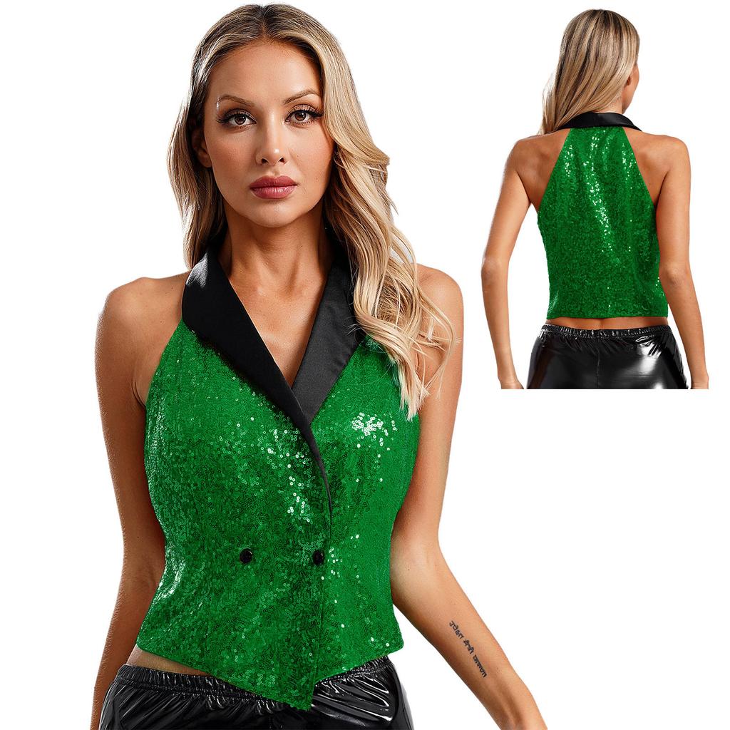 Женские жилеты V-образный вырез Без рукавов Жилет Блестящие Пайеточные Костюмы Жилеты Клубная одежда Рейв Музыкальный Фестиваль Джаз Танцевальная Вечеринка Нарядные Топы