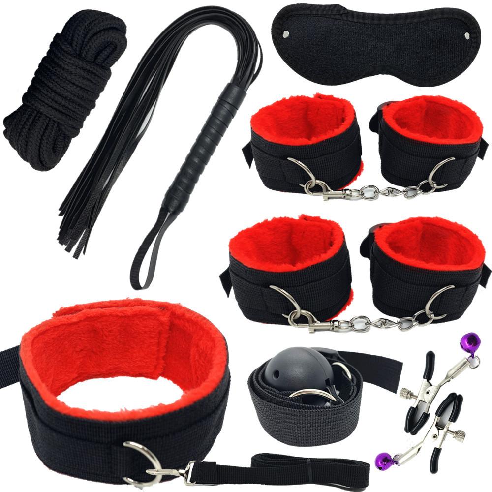 Сексуальный нейлоновый комплект БДСМ, плюшевый секс-бондажный набор, наручники, секс-игра, кнут, кляп, зажим для сосков, секс-игрушка