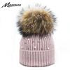 Hat Soft Wool Beanies Women Real Natural Fur Pom Poms Fashion Pearl Knitted Hat Girls Female Beanie Cap Pompom Winter Hats for Women