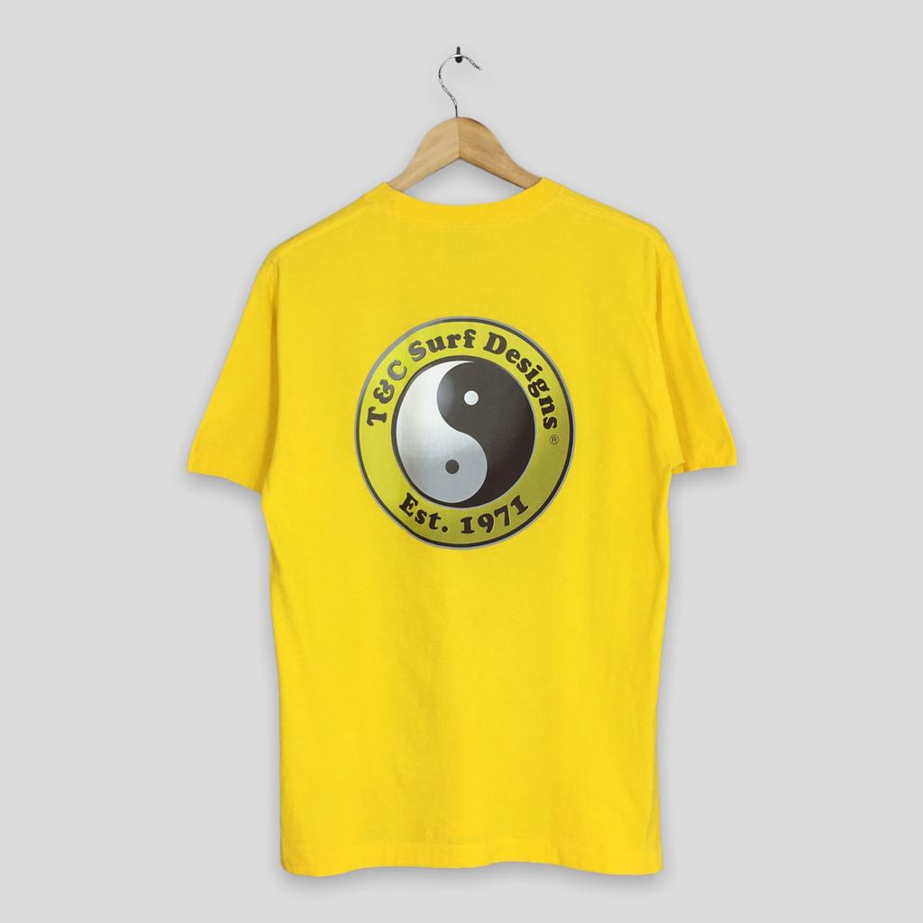 Vintage 90's T&C Surf Designs Yin Yang Surfing Yellow T shirt Medium Surf Wear Circa Beach Surfing Hawaiian Ocean Wave Surfer Tee Size M