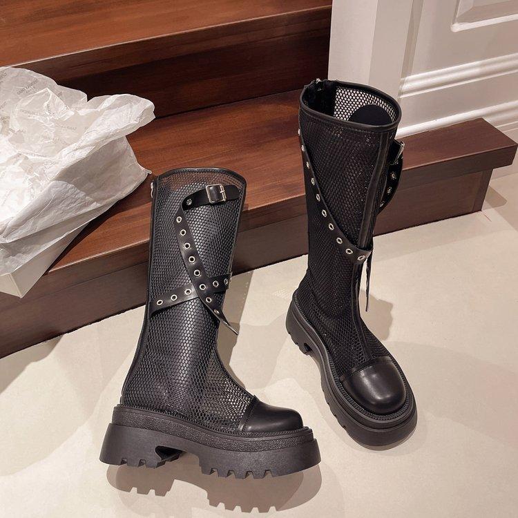 Fashion Mesh boots for women new thin hollow sandals belt buckle thick bottom high knight boots