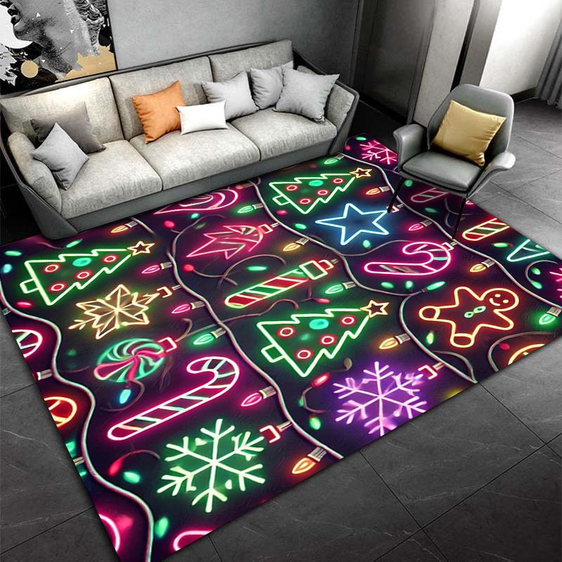 Christmas Neon Pattern Carpet with Trees, Stars, Candy Canes, Snowflakes Suitable for use as an anti-slip for living room bedroom sofas