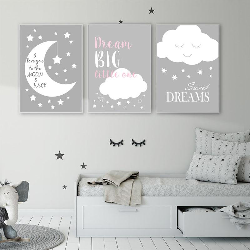 Nursery Moon Stars Canvas Printing Grey Picture Wall Art Painting Decor Kids Quotes Posters Baby Room Interior Decoration