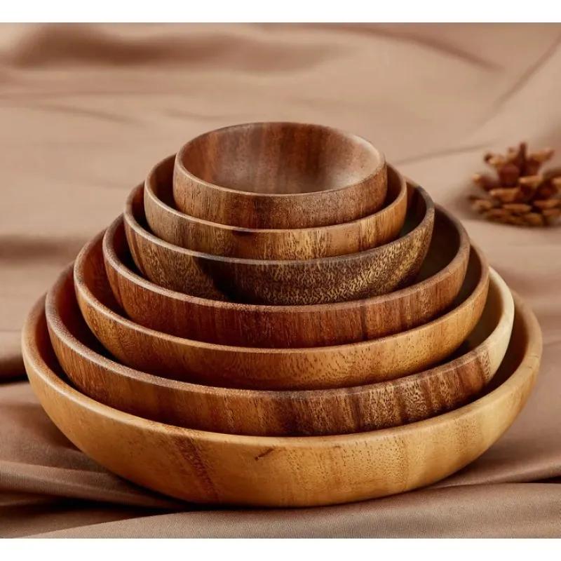 1pc Kitchen Round Wooden Dried Fruit Tray Snack Plate Handcraft Food Dish Tray Walnut Wood Tableware Japanese Kitchen Cake Stand