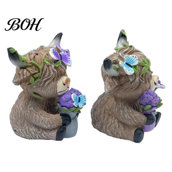Whimsical Courtyard Sculptures Lavender Highland Cow Resin Figurine, Cute Fluffy with Butterfly Bow & Floral Wreath, Animal Figurines Pastel