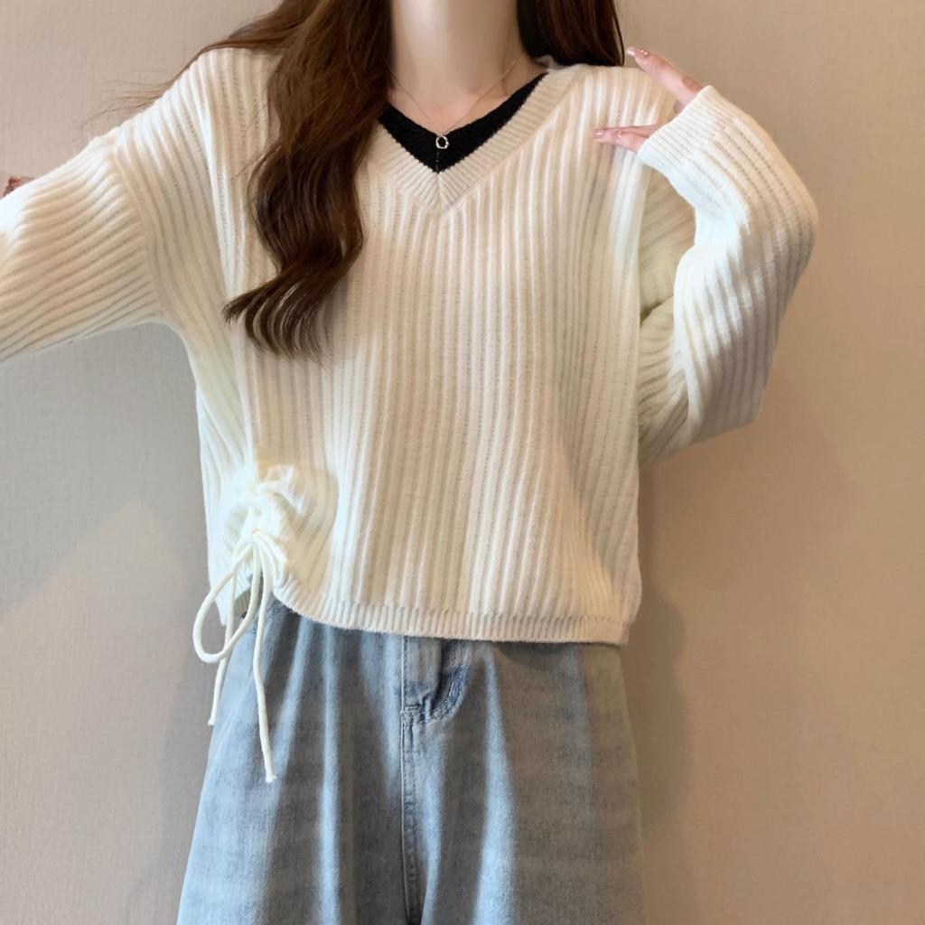 Knitted Sweater Women's Autumn Winter Versatile Slimming V-neck Long Sleeved Fake Two-piece Drawstring Sweater